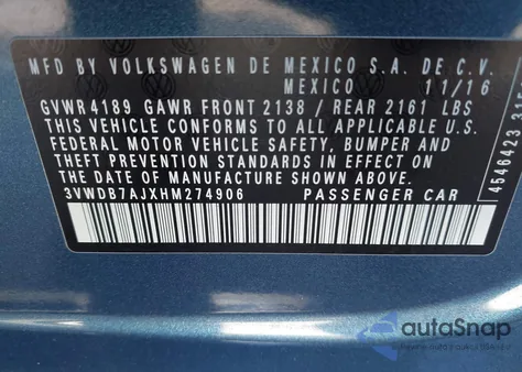 2017 Volkswagen Jetta 1.4T Se z USA, uszkodzony, nr VIN 3VWDB7AJXHM274906